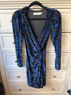 Astr Blue Floral Velvet Burnout Long Sleeve Wrap Dress